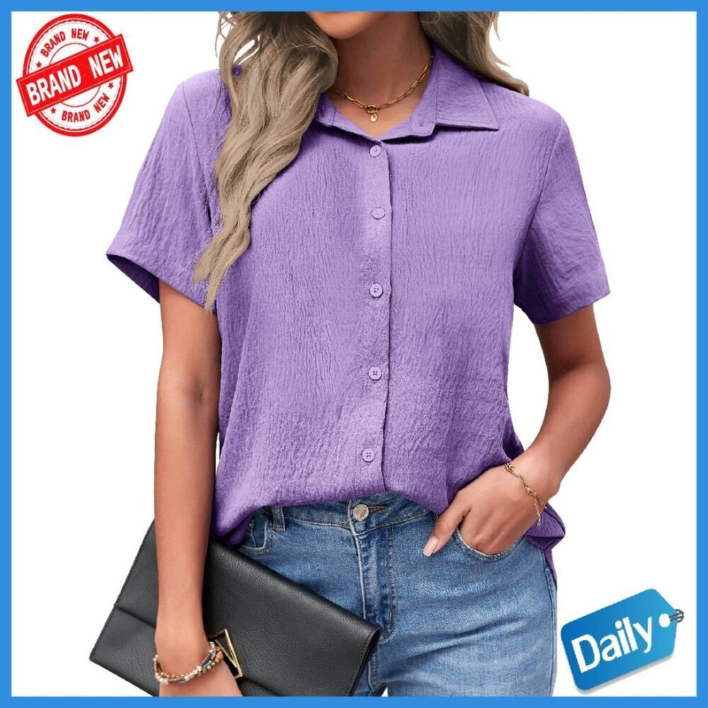 Short Sleeve Button Down Tunic Blouse Loose Fit Polyester Spandex